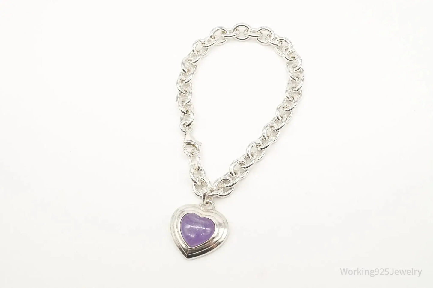 Vintage Designer CNA Lavender Jade Heart Chain Link Sterling Silver Bracelet - Plush Fashion Hub