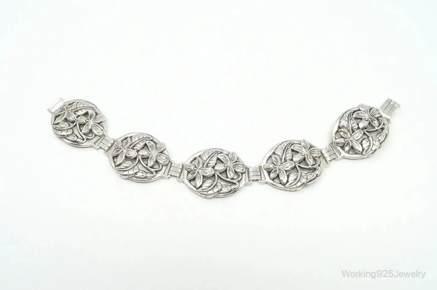 Vintage Danecraft sterling silver floral panels bracelet with intricate floral designs, jewelry bracelet for women.