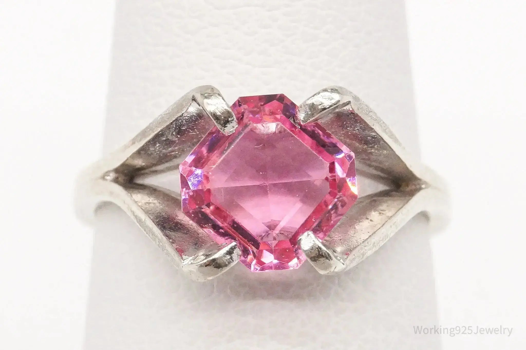 Vintage Espo pink cubic zirconia sterling silver ring in size 5, jewelry featuring a sparkling pink gemstone design.