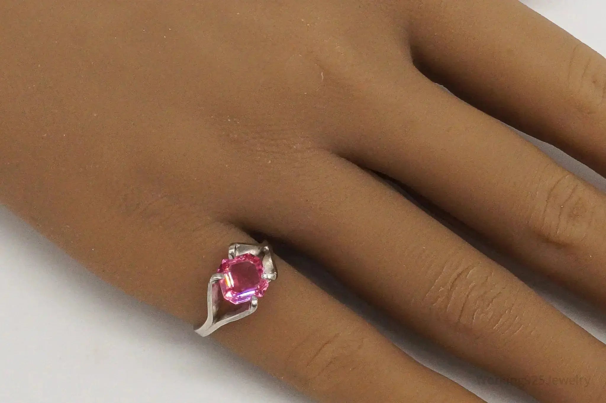 Vintage Espo pink cubic zirconia sterling silver ring, size 5, featuring elegant jewelry design by Plush Fashion Hub.