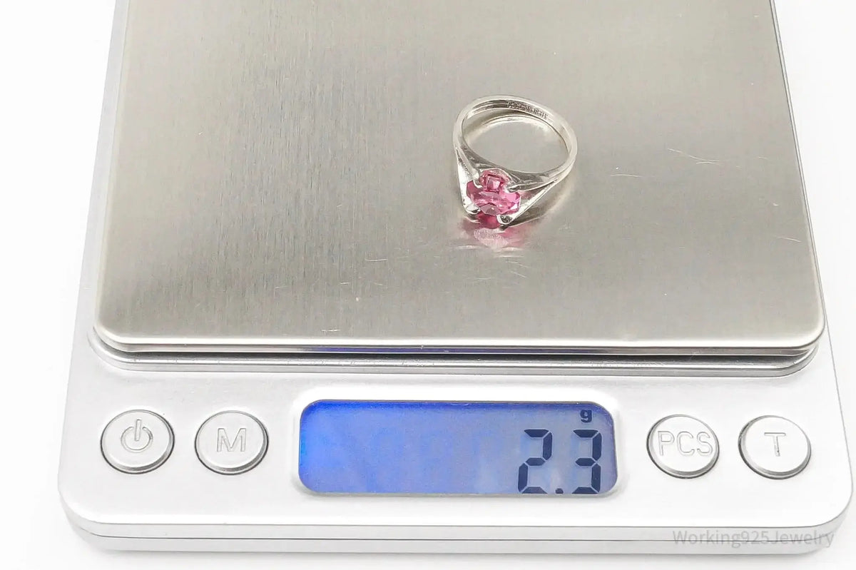 Vintage Espo pink cubic zirconia sterling silver ring in size 5, featuring a stylish designer jewelry design.