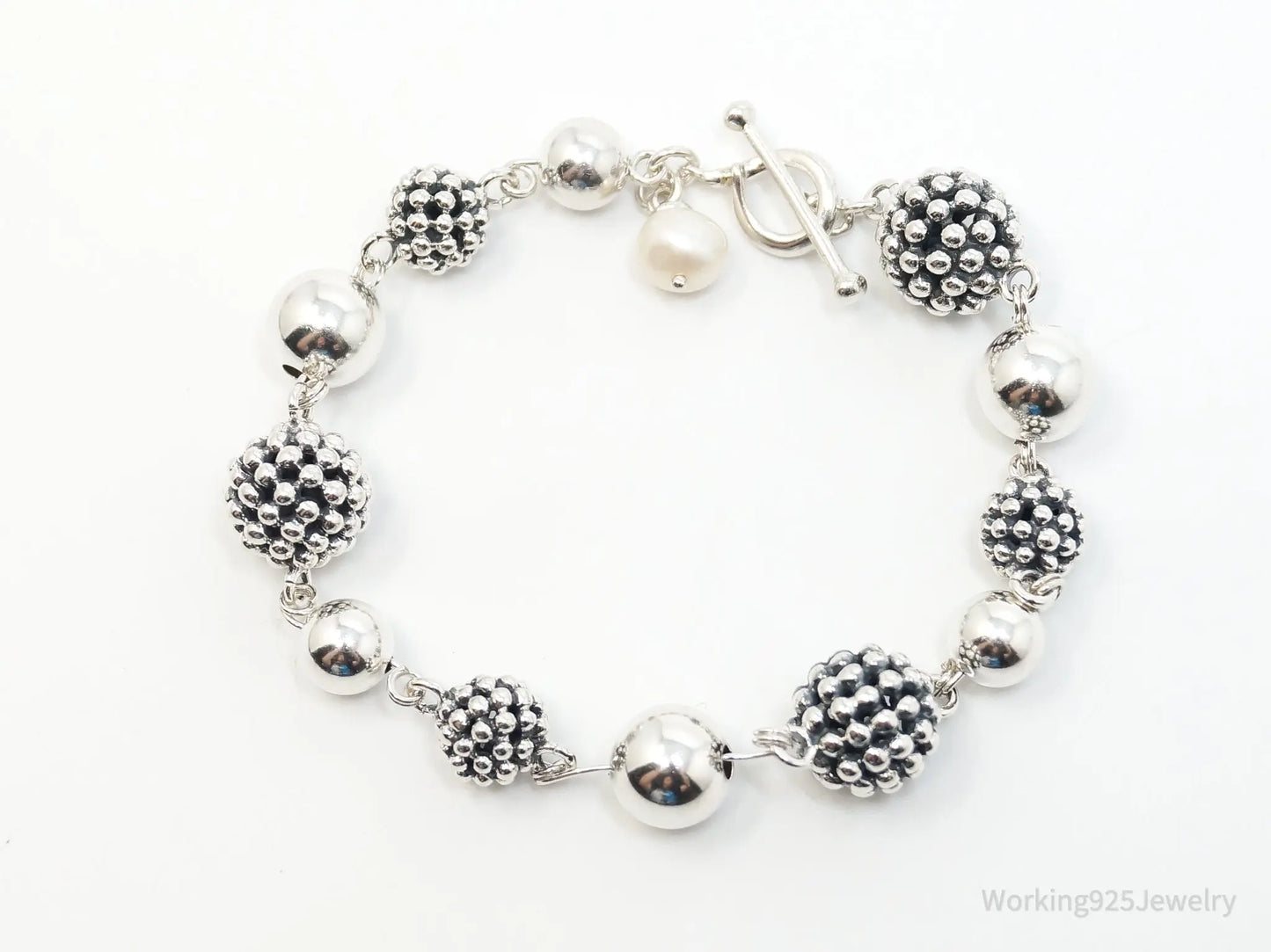 Vintage Designer Michael Dawkins Pearl Spotted Ball Sterling Silver Bracelet Plush Fashion Hub