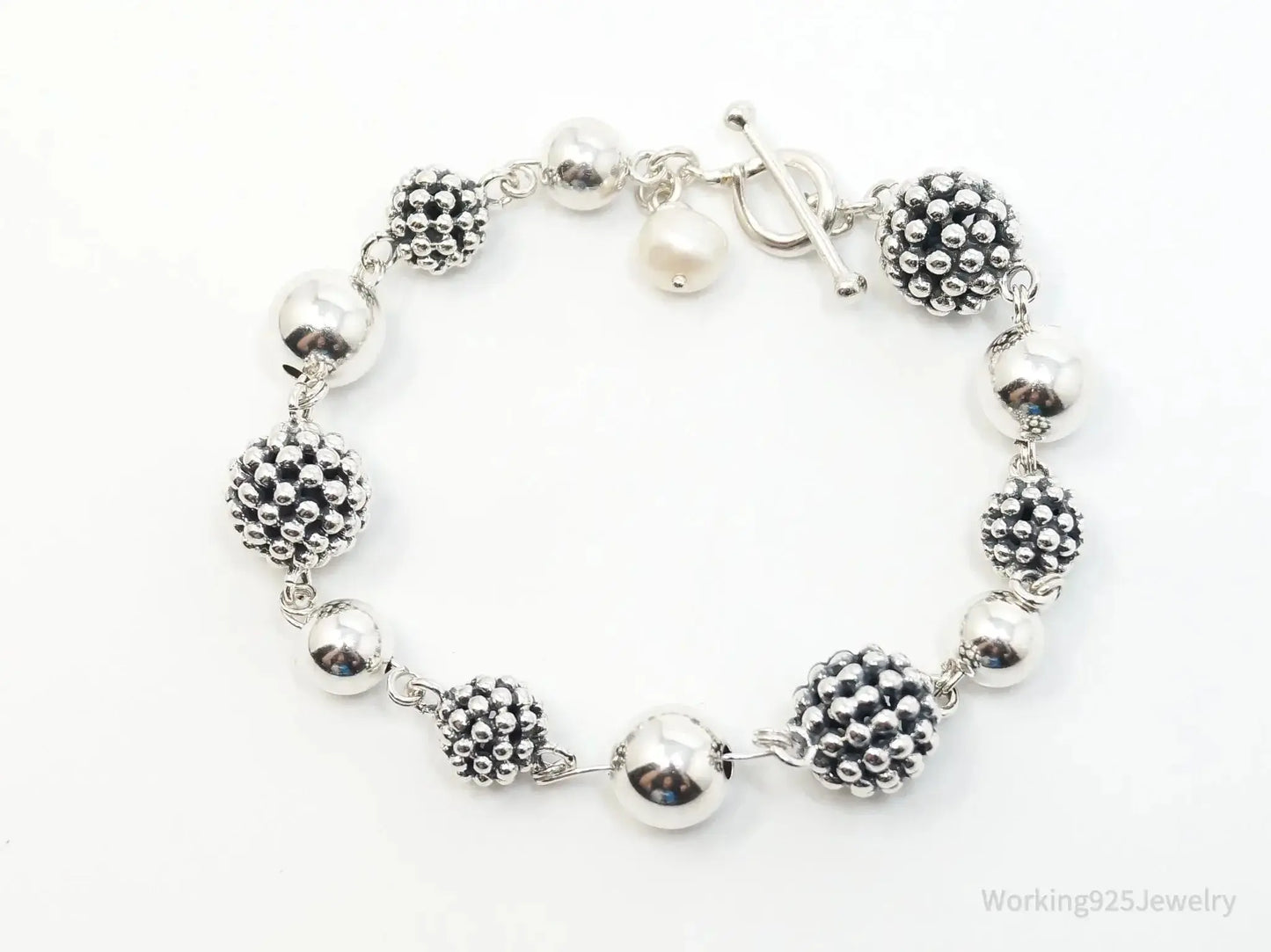 Vintage Designer Michael Dawkins Pearl Spotted Ball Sterling Silver Bracelet - Plush Fashion Hub