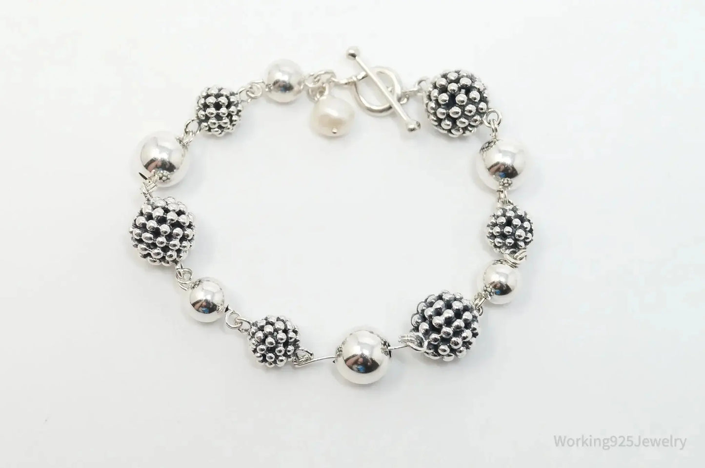 Vintage Designer Michael Dawkins Pearl Spotted Ball Sterling Silver Bracelet - Plush Fashion Hub