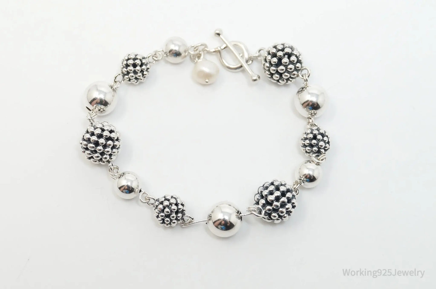 Vintage Designer Michael Dawkins Pearl Spotted Ball Sterling Silver Bracelet Plush Fashion Hub