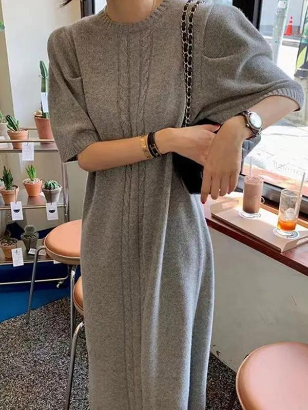 Vintage Textured Short Sleeves Long Slit Sweater Dress Plush Fashion Hub