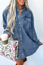 Vintage wash button-down denim midi dress by Trendsi, made of 100% cotton, showcasing casual style and classic denim fabric.