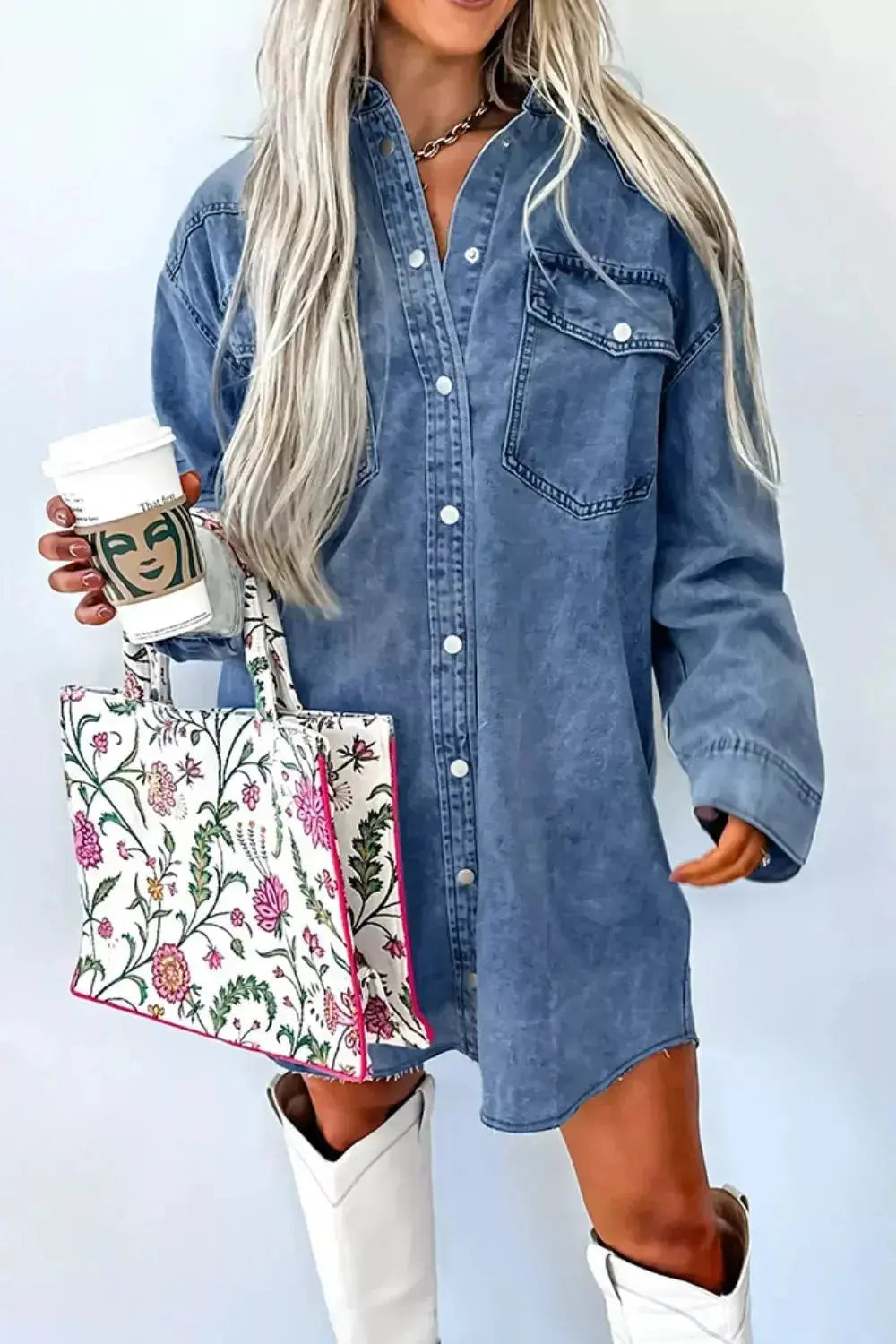 Vintage wash button-down denim midi dress by Trendsi, made of 100% cotton with casual style and classic denim fabric.