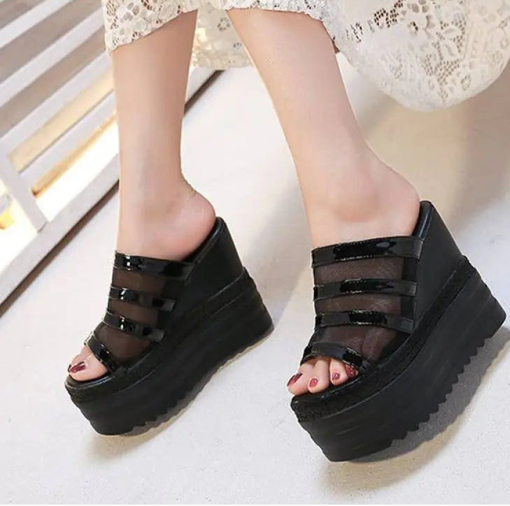 Women wedge heel platform sandals with rhinestone slippers featuring trendy design and comfortable straps for summer wear.