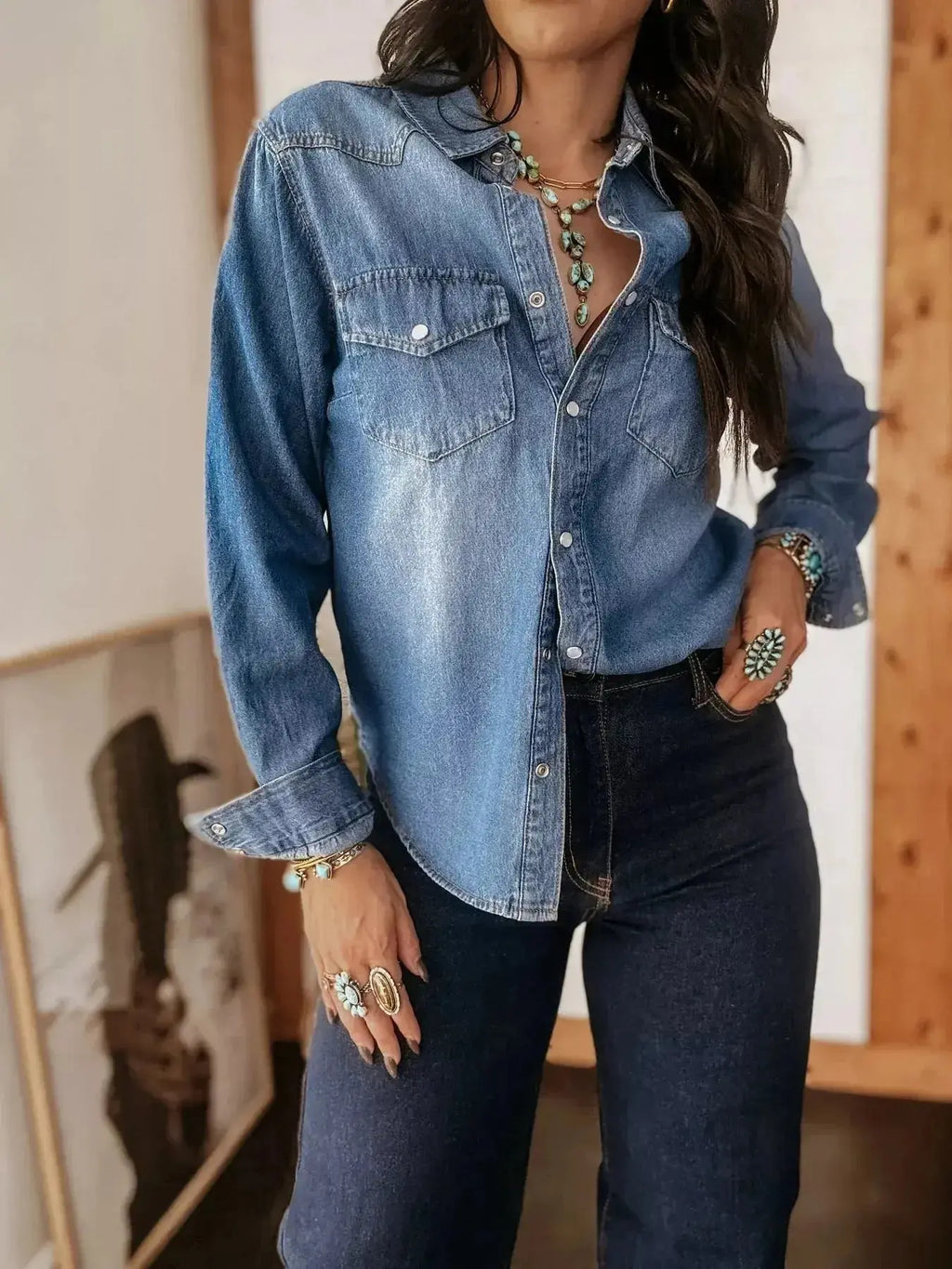 Washed cotton blend denim button-down shirt for women with long sleeves and collar, casual style from Trendsi.