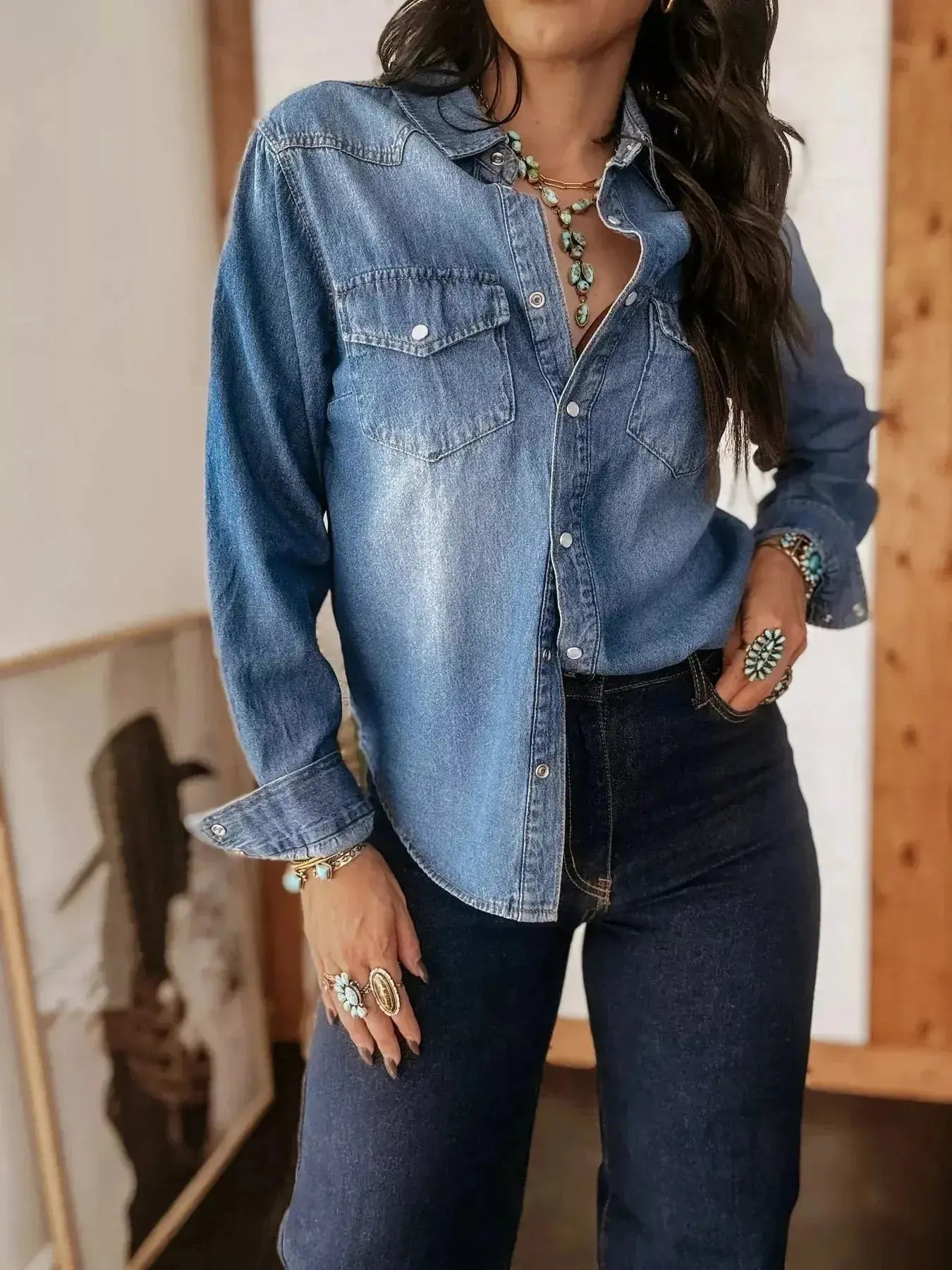 Washed cotton blend denim button-down shirt for women with long sleeves and collar, casual style from Trendsi.