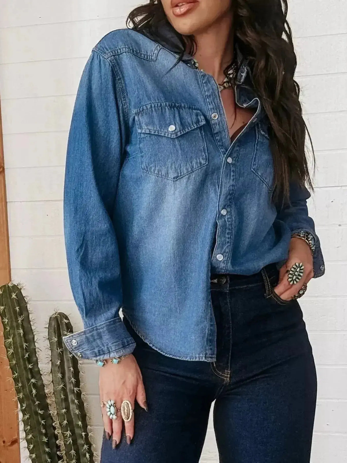 Washed cotton blend denim button-down shirt for women by Plush Fashion Hub, featuring classic collar and long sleeves.