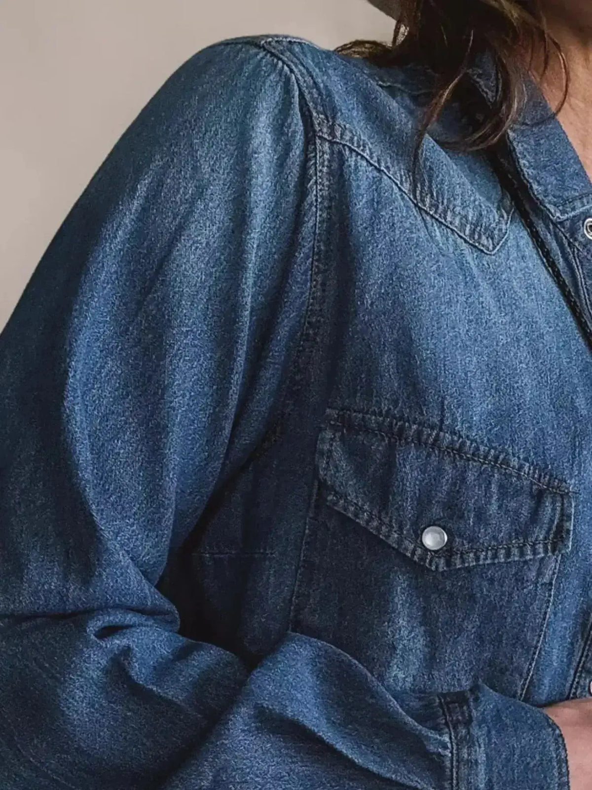 Washed cotton blend denim button-down shirt for women by Plush Fashion Hub, featuring a classic fit and long sleeves.