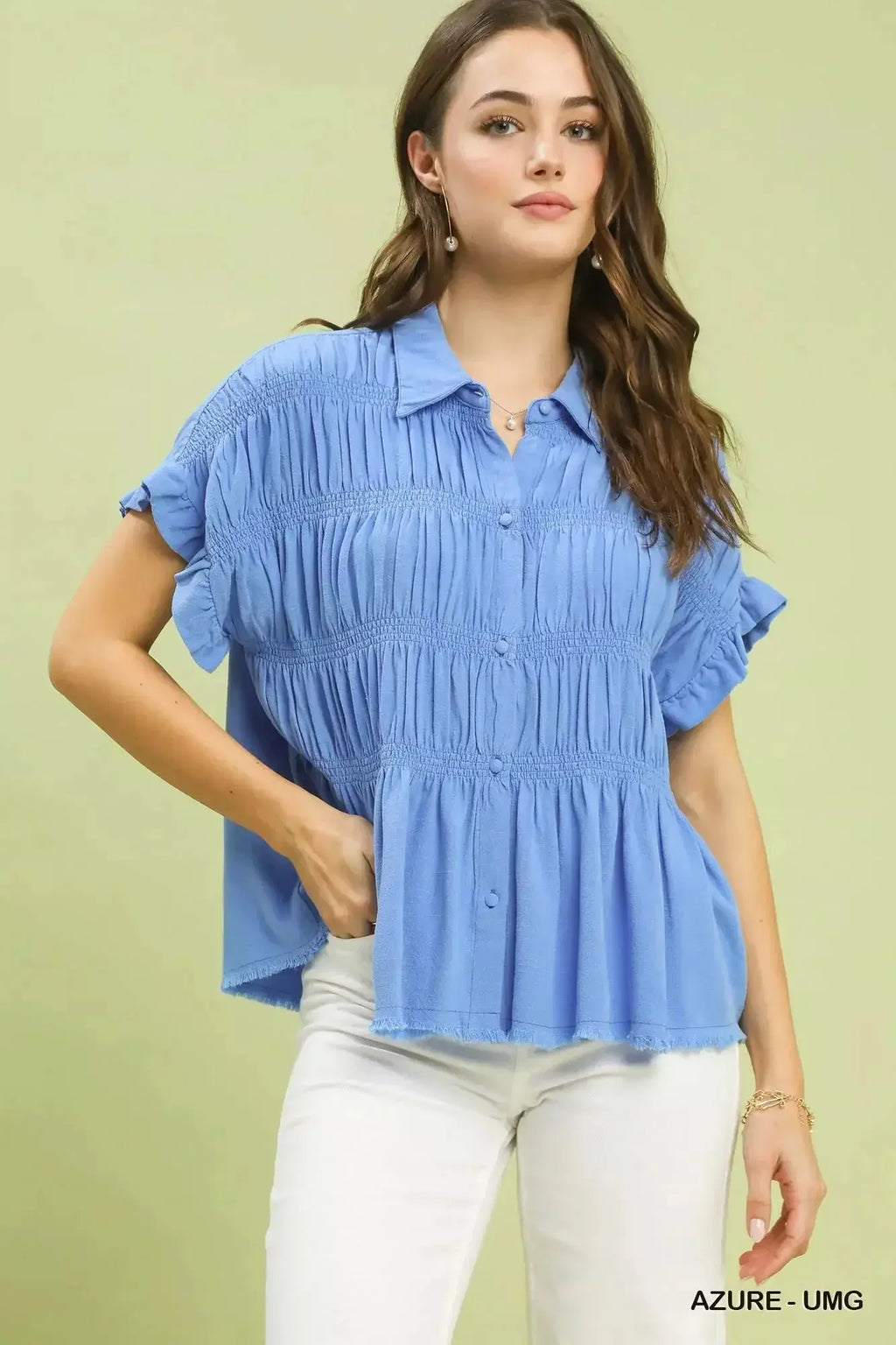 Washed linen blend smocked button-down shirt with ruffle sleeves from Trendsi, featuring a relaxed fit and feminine design.