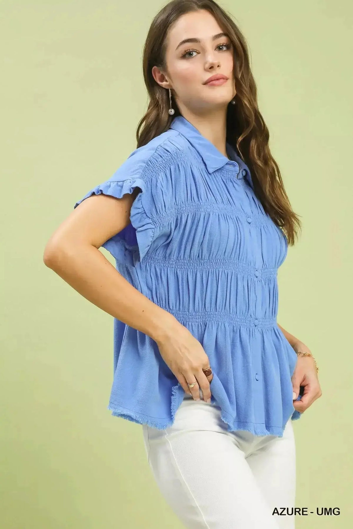 Washed linen blend smocked button-down shirt with ruffle sleeves by Plush Fashion Hub, casual and stylish for warm weather.