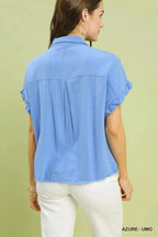 Washed linen blend smocked button-down shirt with ruffle sleeves, stylish Trendsi women's casual top.