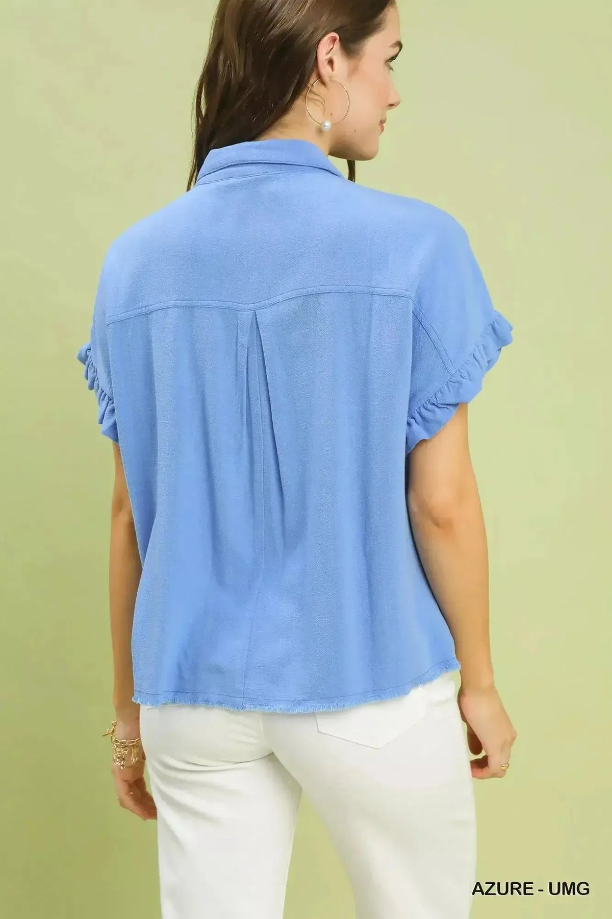 Washed linen blend smocked button-down shirt with ruffle sleeves, stylish women's blouse from Plush Fashion Hub.