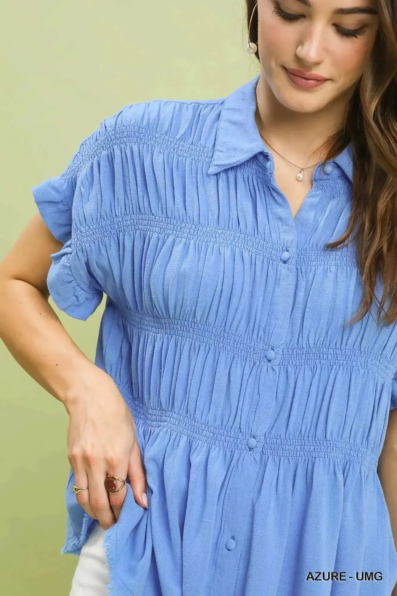 Washed linen blend smocked button-down shirt with ruffle sleeves, stylish Trendsi women's casual shirt.