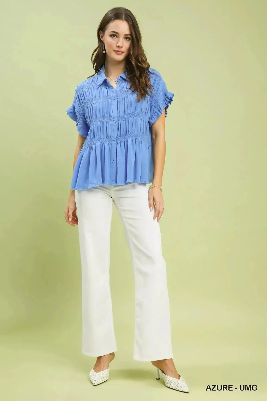 Washed linen blend smocked button-down shirt with ruffle sleeves, casual fashion top from Trendsi.