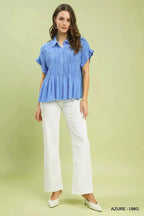 Washed linen blend smocked button-down shirt with ruffle sleeves, casual fashion top from Trendsi.