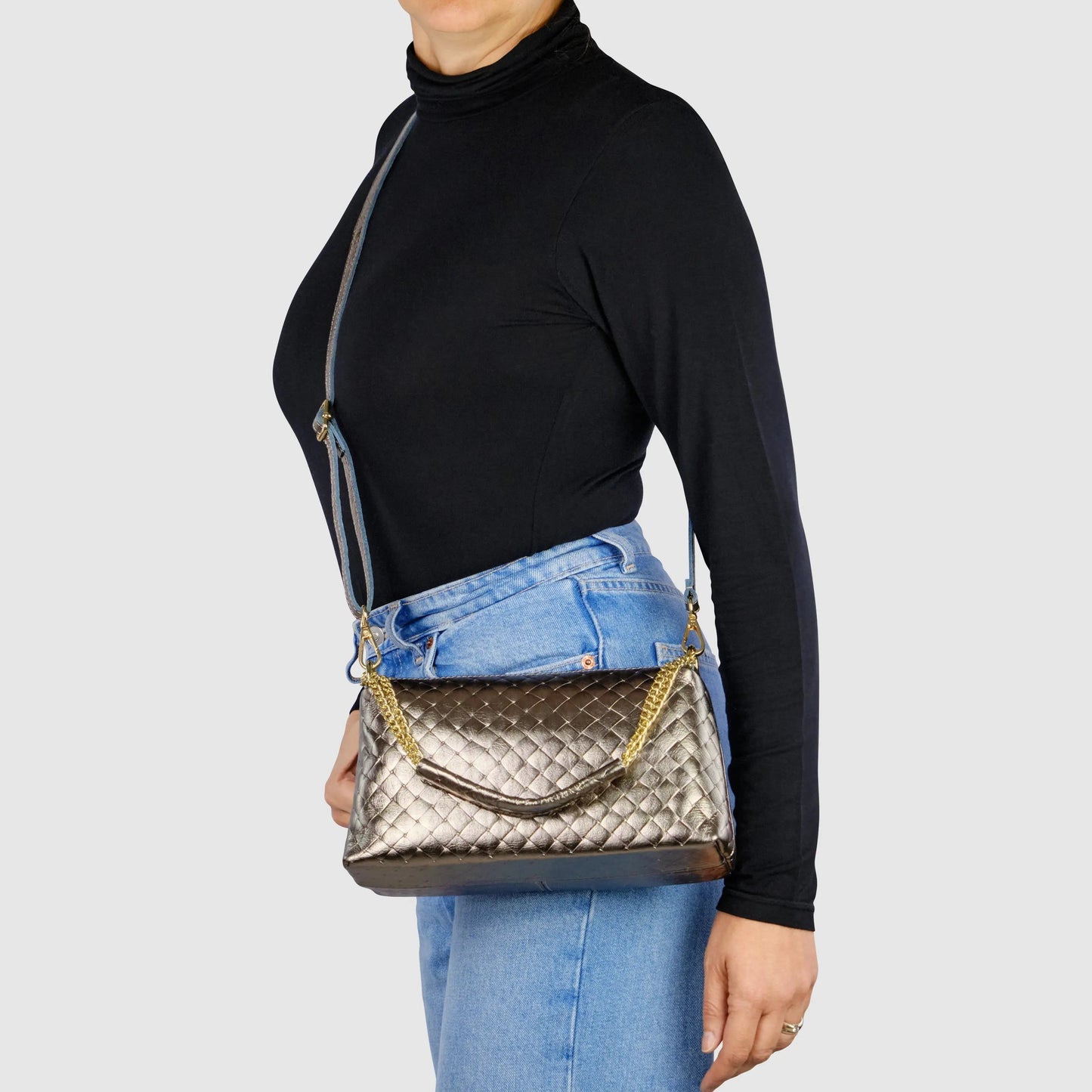 Weave Metallic Suede Leather Shoulder Bag TAKEASY