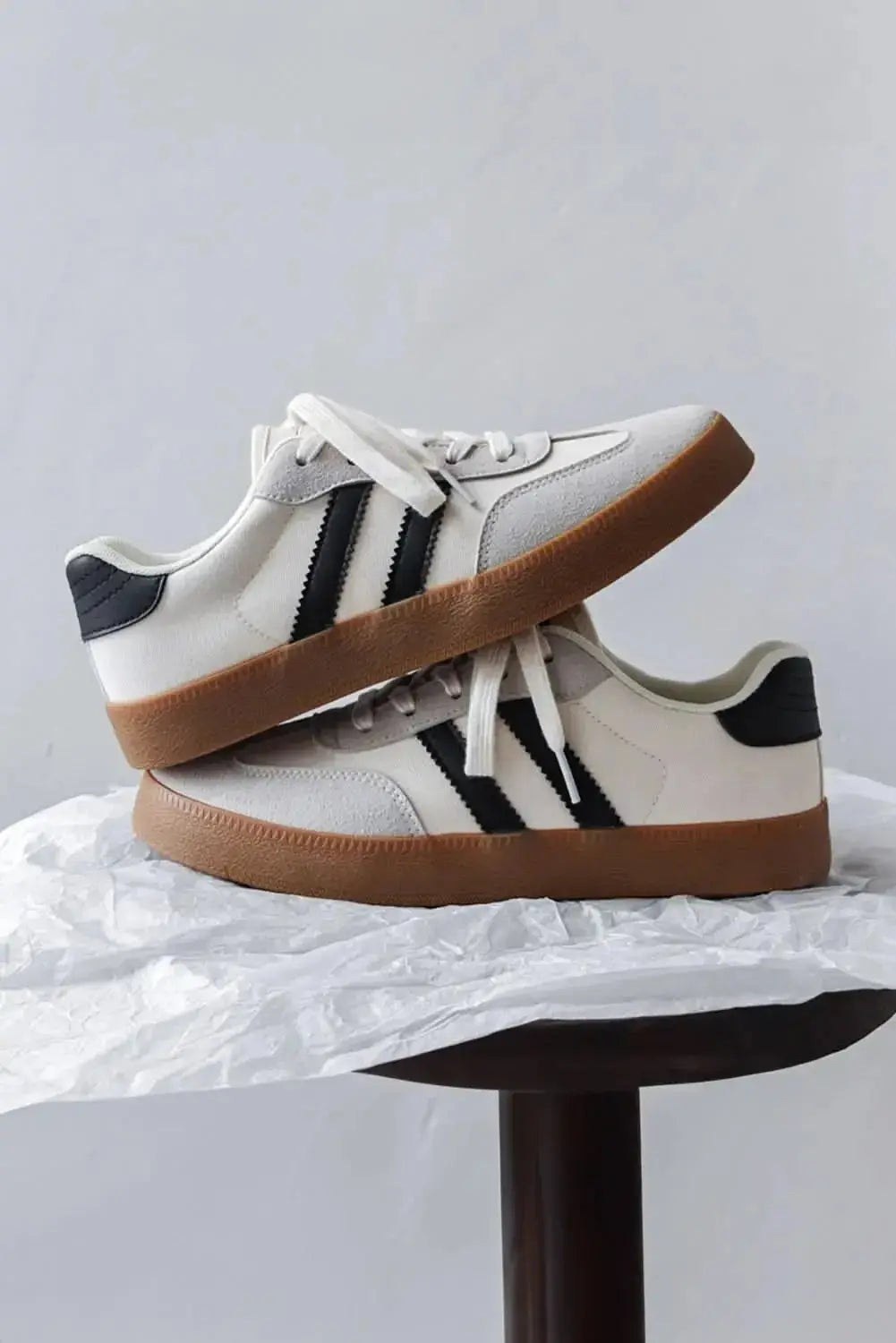 Women's white striped casual lace-up sneakers by Plush Fashion Hub, featuring flat soles and comfortable walking design.