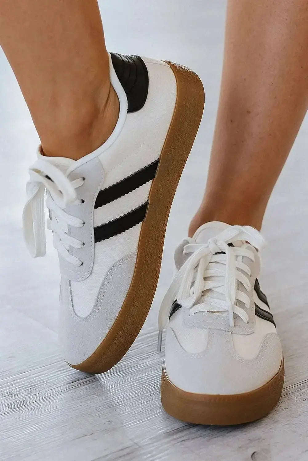 Women's white striped lace-up sneakers by Plush Fashion Hub, casual flat walking shoes for everyday comfort.