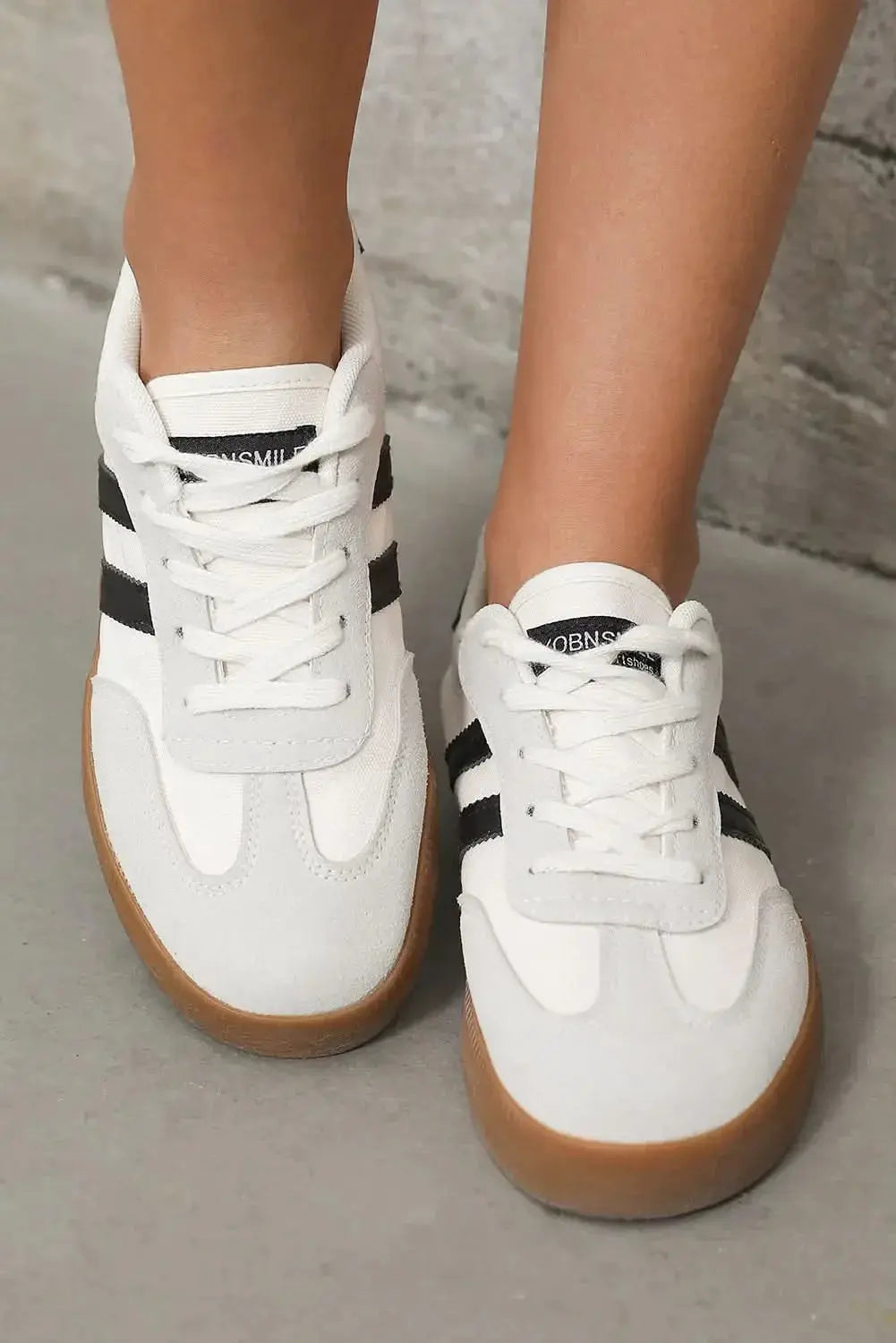 Women's white striped lace-up sneakers by Plush Fashion Hub, casual flat walking shoes for everyday comfort.