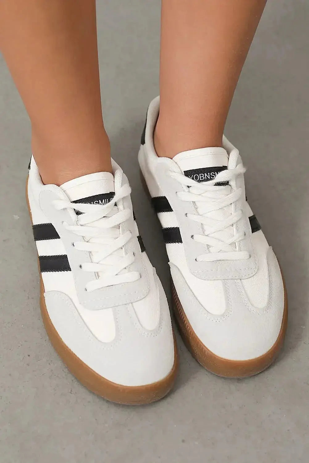 Women's white striped lace-up sneakers by Plush Fashion Hub, casual flat walking shoes for everyday comfort and style.