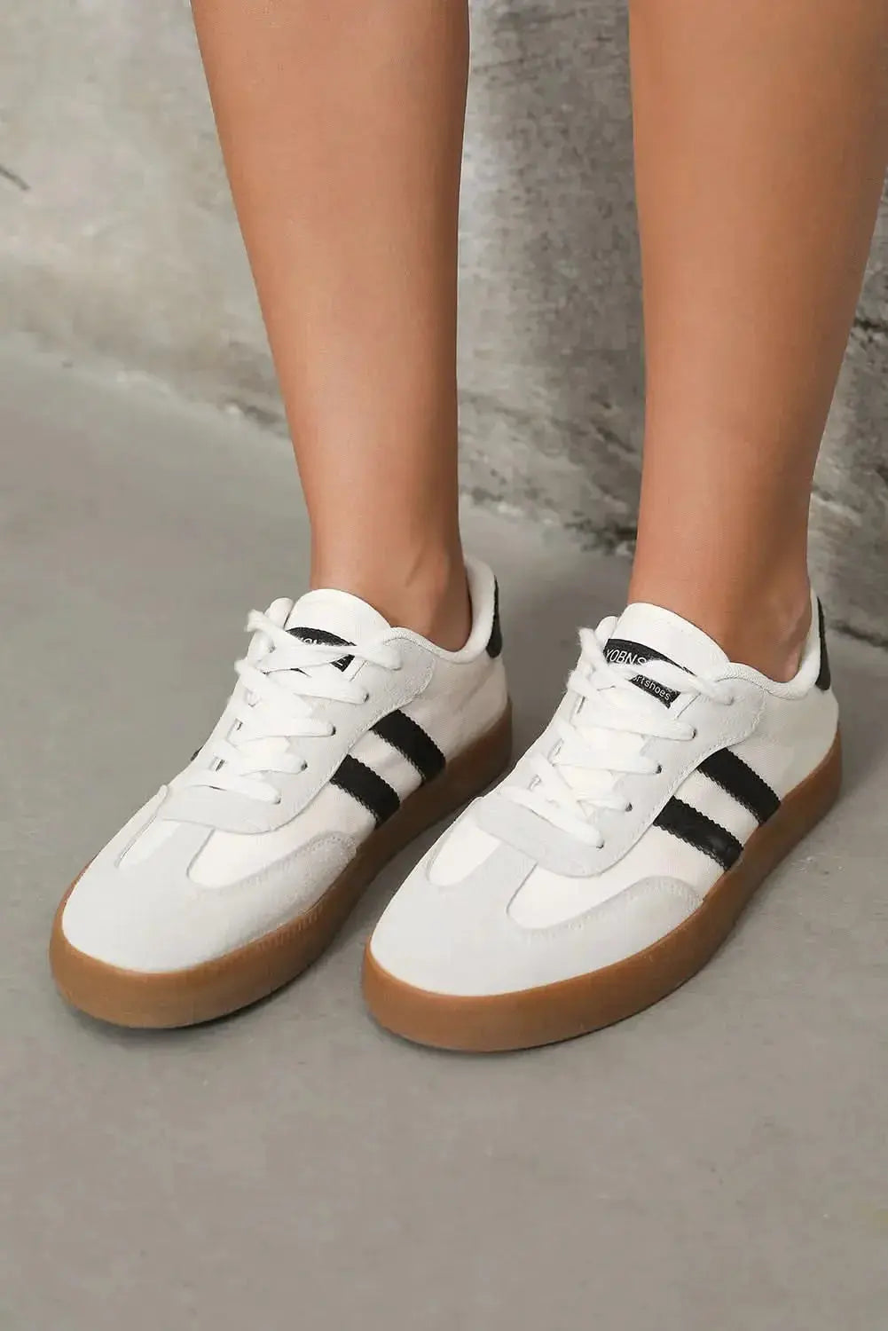 Women's white striped sneakers by Plush Fashion Hub, casual lace-up flat shoes with comfortable walking sole.