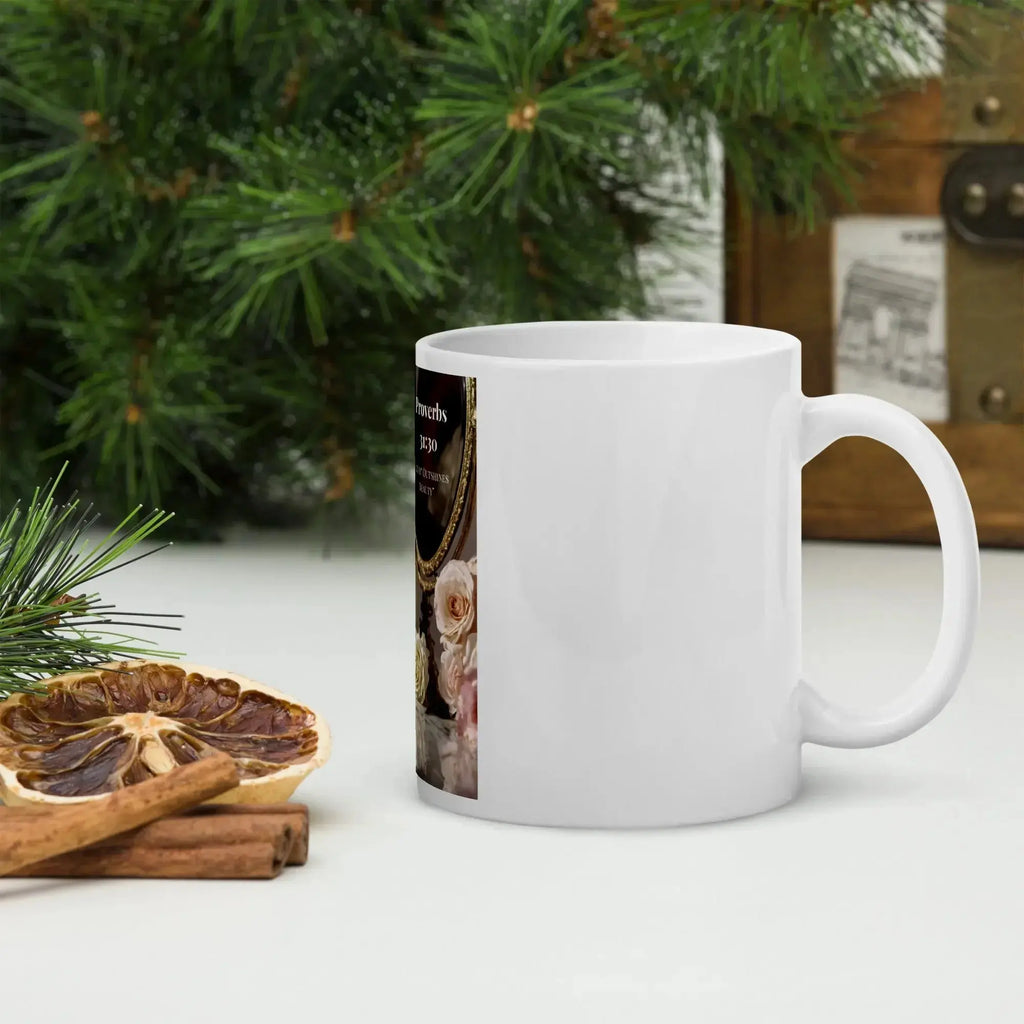 White glossy ceramic coffee mug by Plush Fashion Hub, durable modern minimalist drinkware for hot beverages.