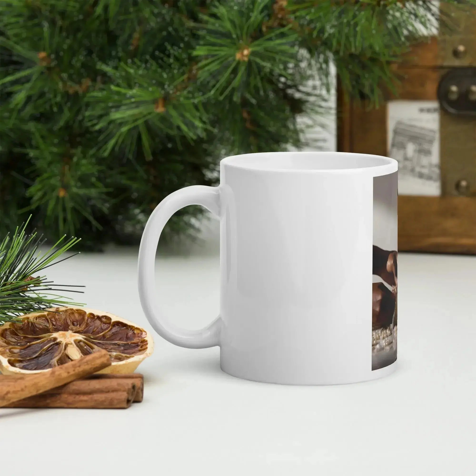 White glossy ceramic coffee mug from Plush Fashion Hub, modern minimalist design, durable and perfect for daily use.