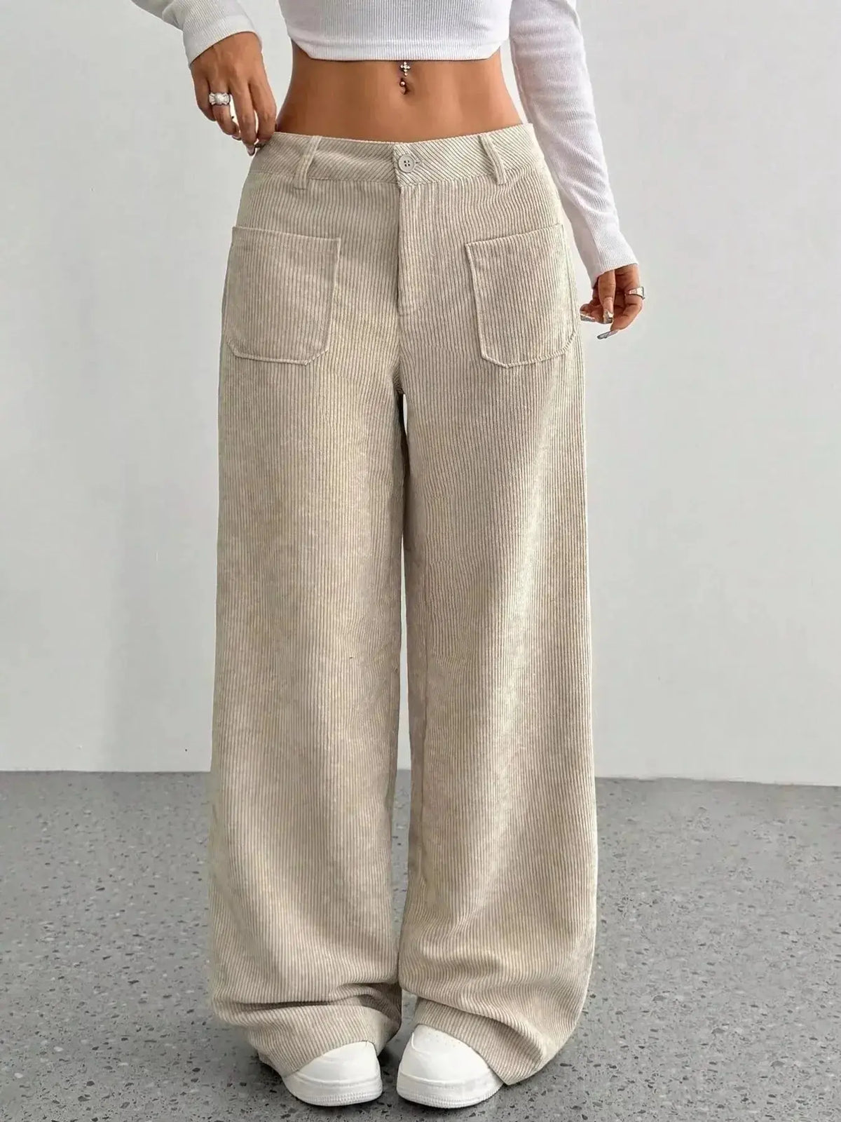 Women’s high-waisted wide-leg corduroy pants by Plush Fashion Hub, shown in a soft brown color with relaxed fit and textured fabric.