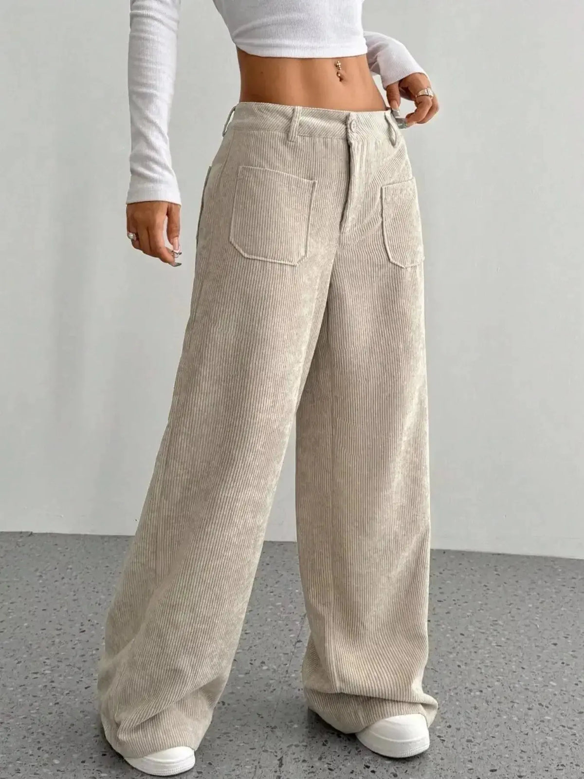 Women’s high-waisted wide-leg corduroy trousers by Plush Fashion Hub, showcasing the textured fabric and relaxed fit.
