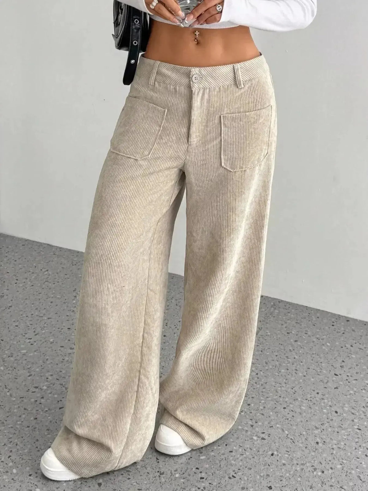 Women's high-waisted wide-leg corduroy pants by Plush Fashion Hub, shown in a stylish wide-leg fit and textured corduroy fabric.