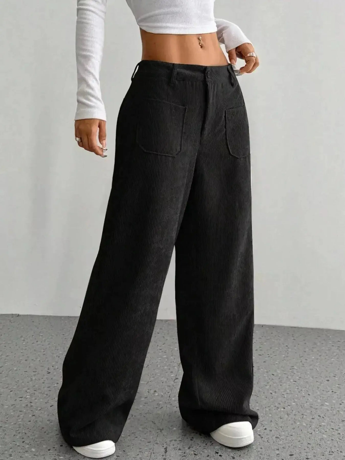 Women’s high-waisted wide-leg corduroy trousers from Plush Fashion Hub, shown in a relaxed fit with a textured corduroy fabric.