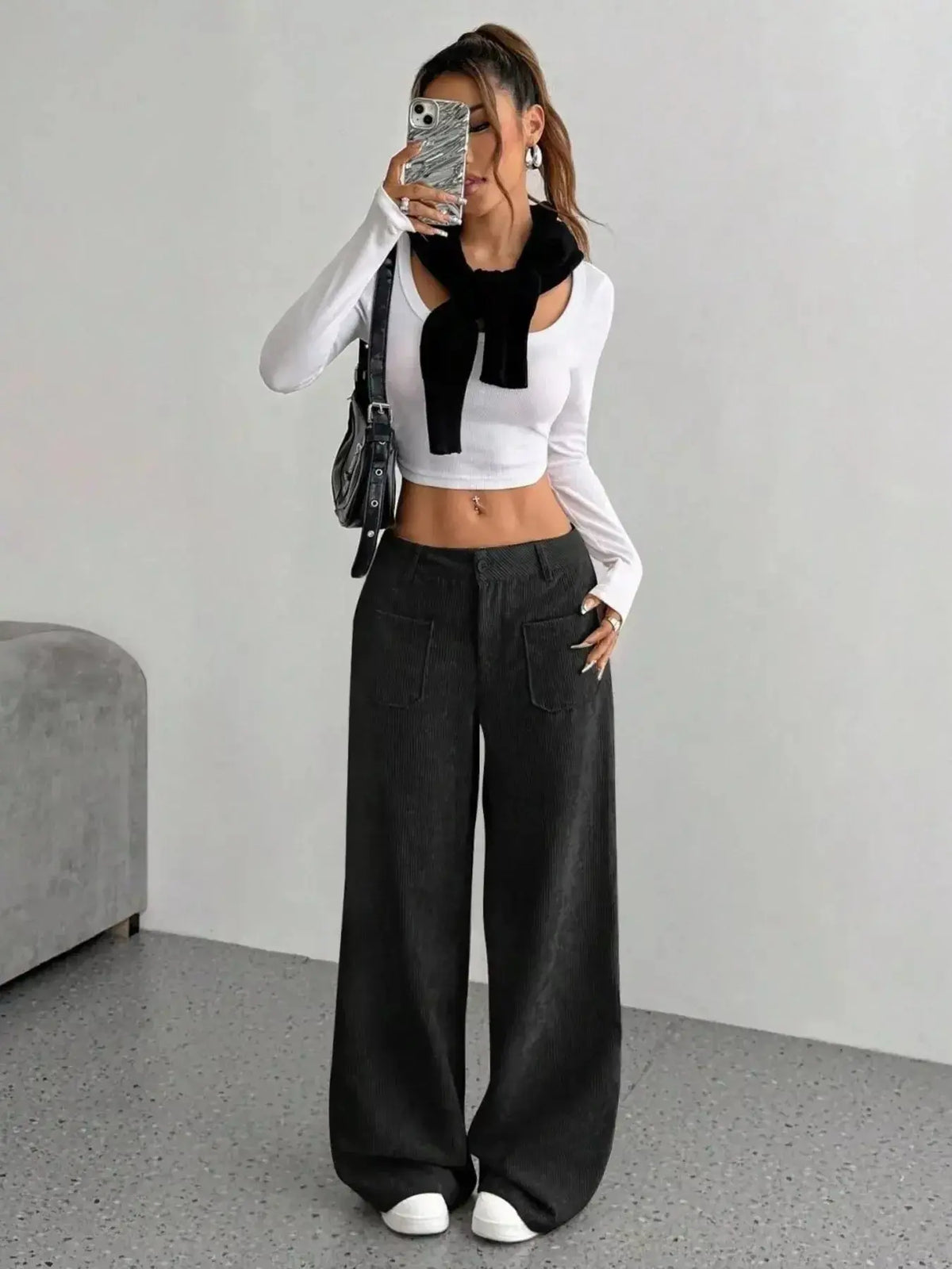 Women's high-waisted wide-leg corduroy trousers by Plush Fashion Hub, showing the soft, textured fabric and relaxed fit.