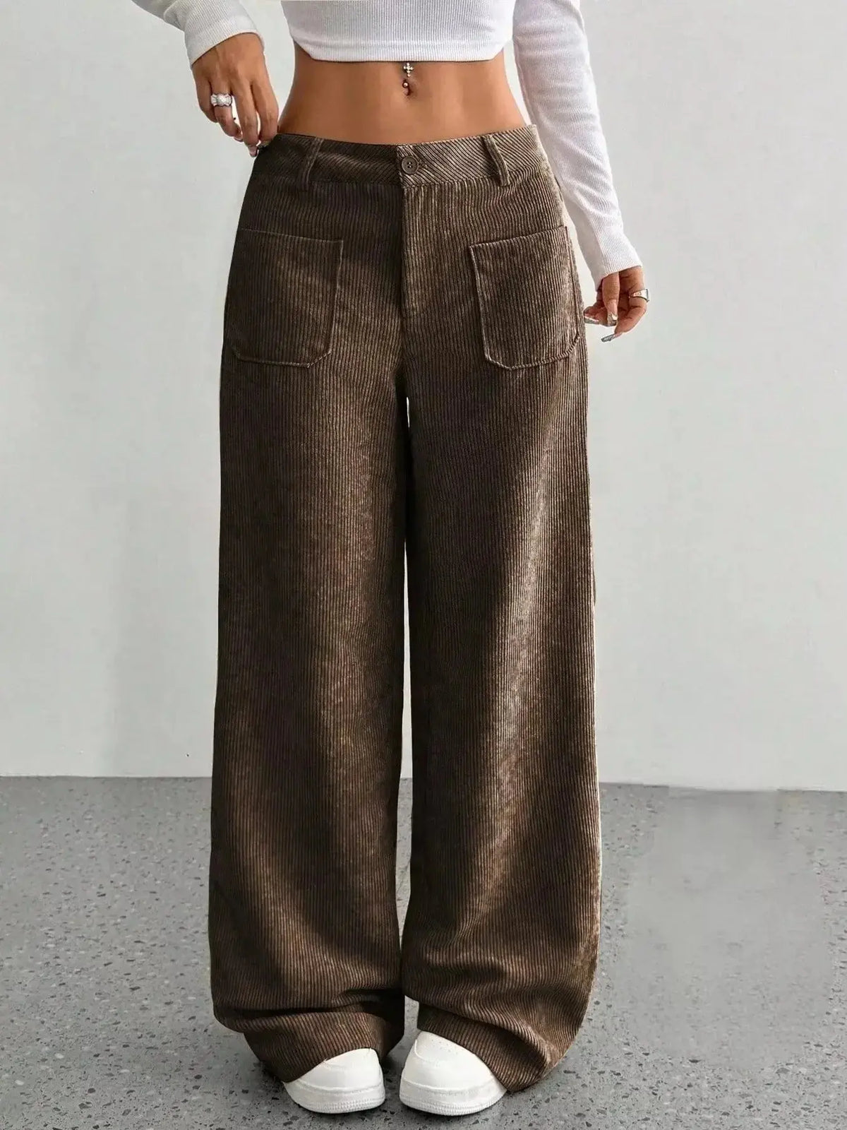Women’s high-waisted wide-leg corduroy trousers by Plush Fashion Hub, featuring a stylish relaxed fit and textured fabric.