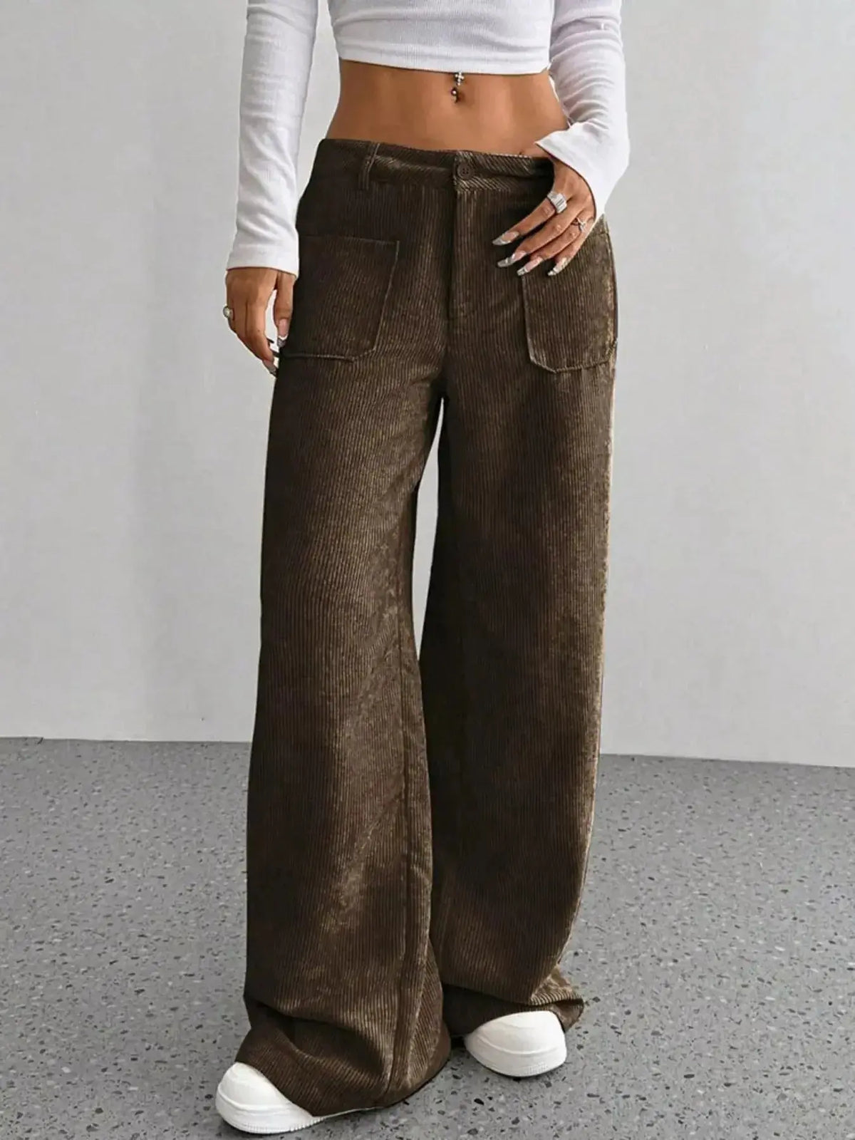 Women's high-waisted wide-leg corduroy trousers from Plush Fashion Hub, shown in a stylish, relaxed fit with a soft corduroy texture.