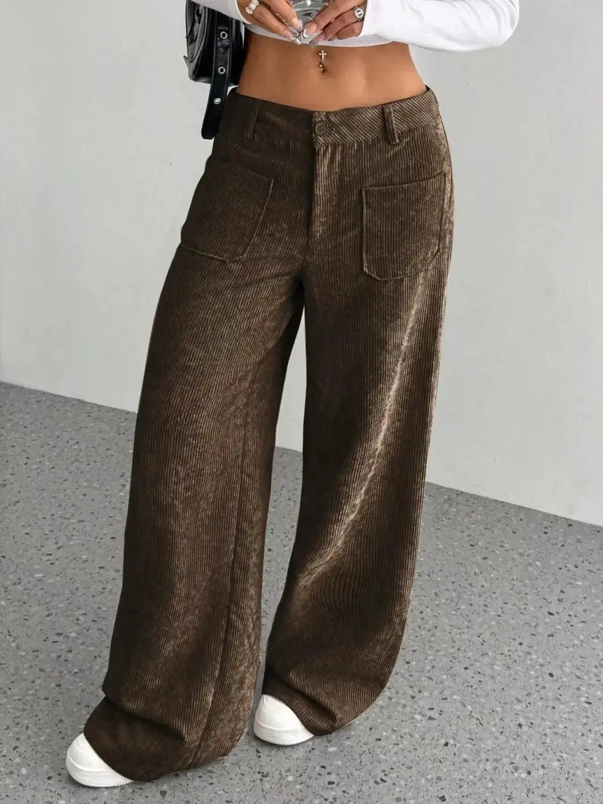 Women’s high-waisted wide-leg corduroy trousers by Plush Fashion Hub, showing the textured tan fabric and relaxed fit.