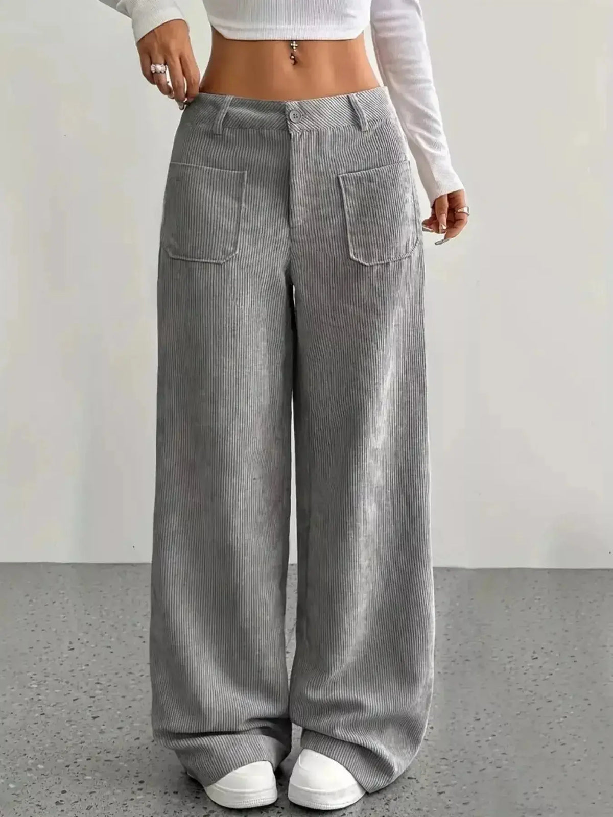 Women’s high-waisted wide-leg corduroy trousers by Plush Fashion Hub, shown in a relaxed fit with textured corduroy fabric.