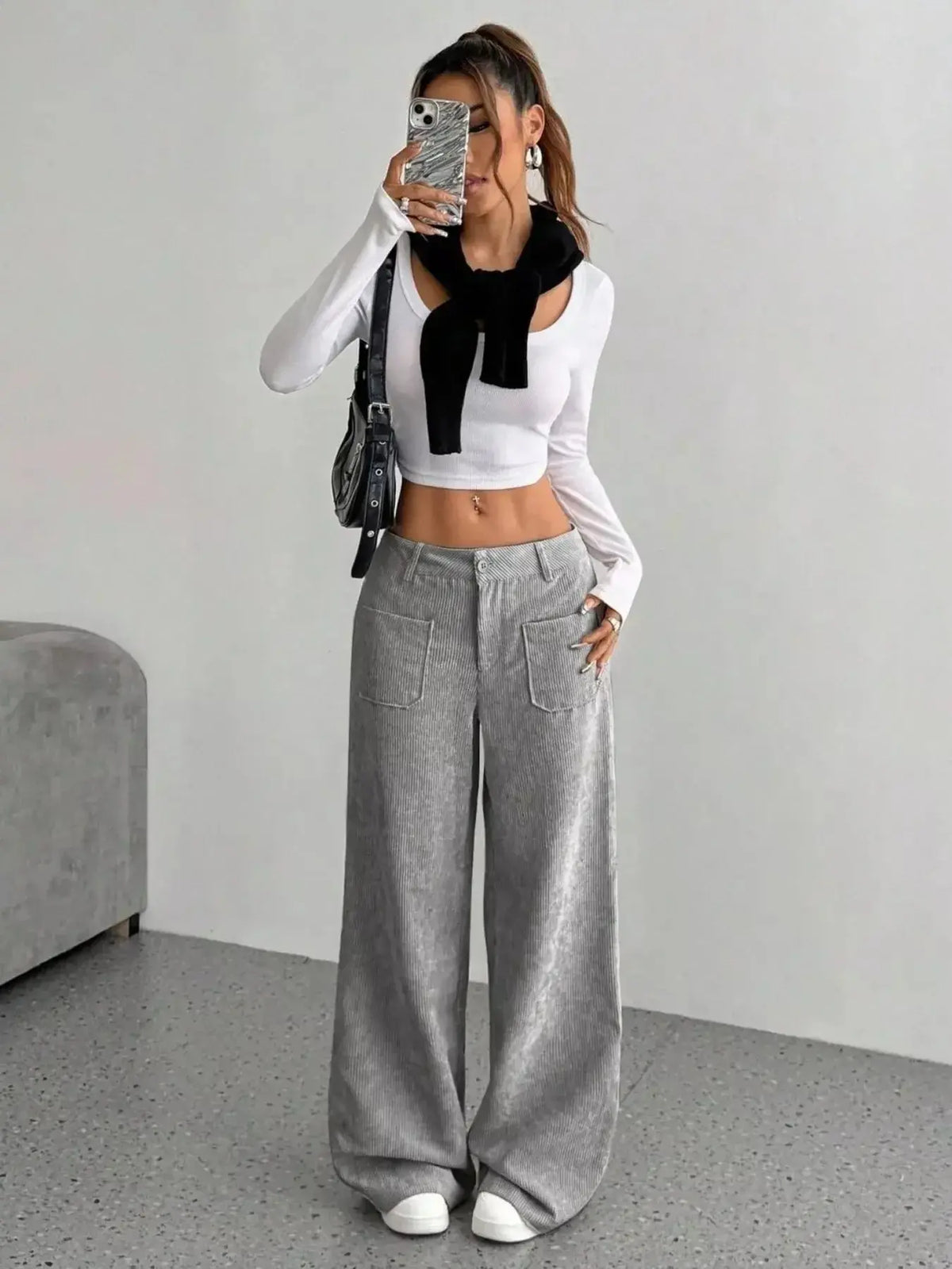 Women's high-waisted wide-leg corduroy trousers by Plush Fashion Hub, shown in a stylish beige color.