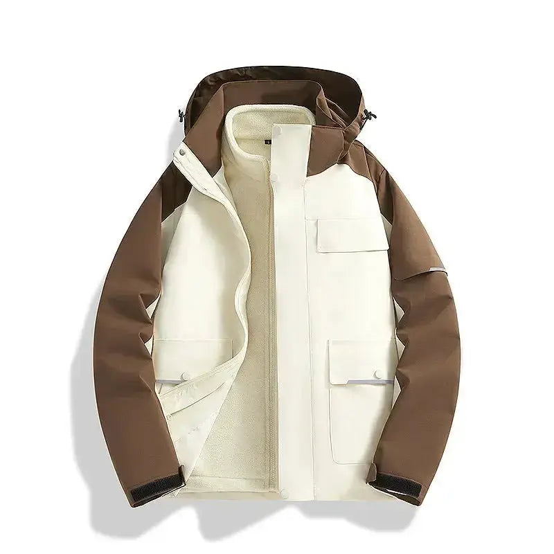 Social Buzz eSIMs 3-in-1 shell jacket, windproof and waterproof outdoor outerwear with versatile layers for all weather conditions.