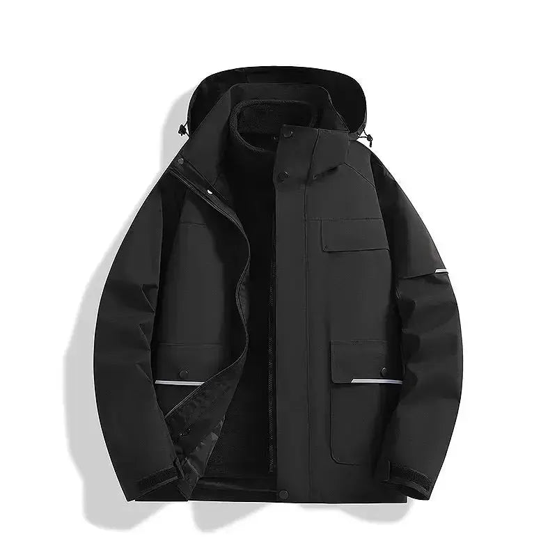 Social Buzz eSIMs windproof and waterproof 3-in-1 shell jacket, outdoor outerwear designed for protection in harsh weather conditions.