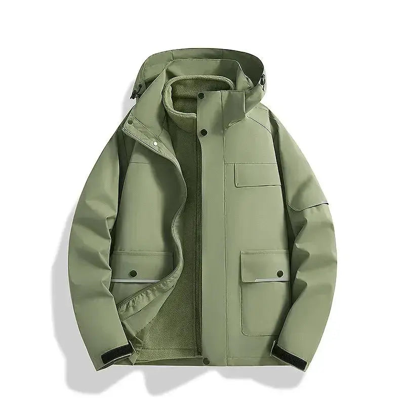 Windproof and waterproof 3-in-1 shell jacket by Social Buzz eSIMs, showcasing durable outerwear with adjustable hood and zipper.