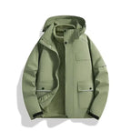 Windproof and waterproof 3-in-1 shell jacket by Social Buzz eSIMs, showcasing durable outerwear with adjustable hood and zipper.