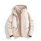 Windproof and waterproof 3-in-1 shell jacket by Social Buzz eSIMs, showcasing durable outerwear with adjustable features.