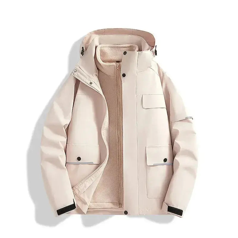Windproof and waterproof 3-in-1 shell jacket by Social Buzz eSIMs, showcasing durable outerwear with adjustable features.