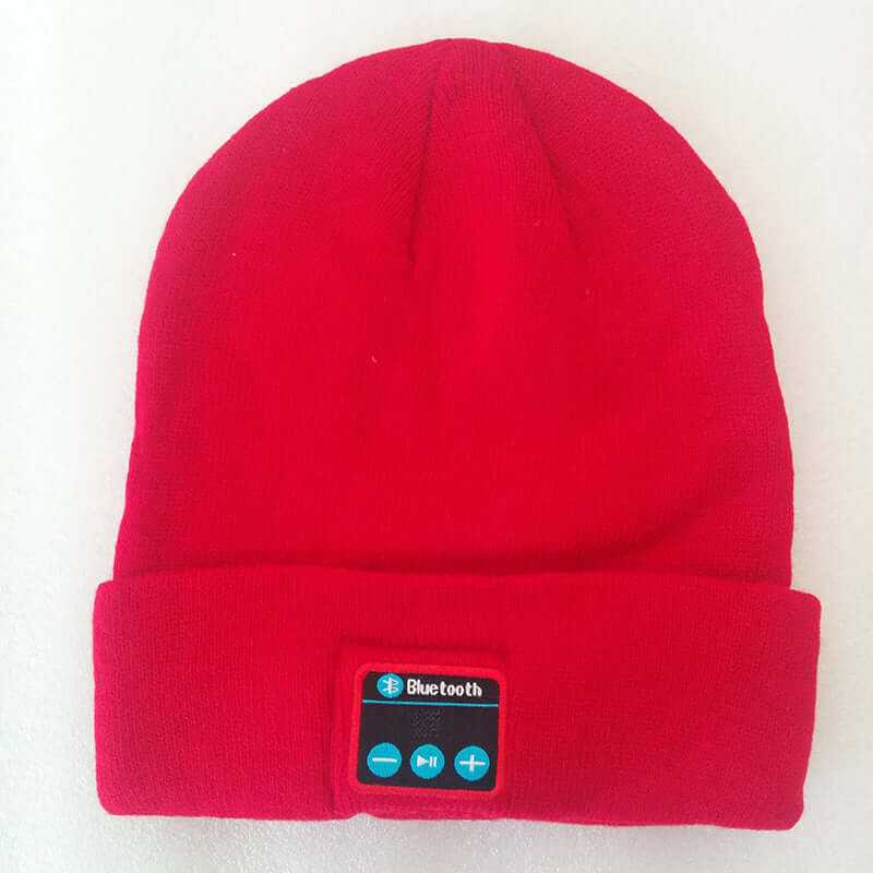 Red wireless knitted headset hat with Bluetooth controls.