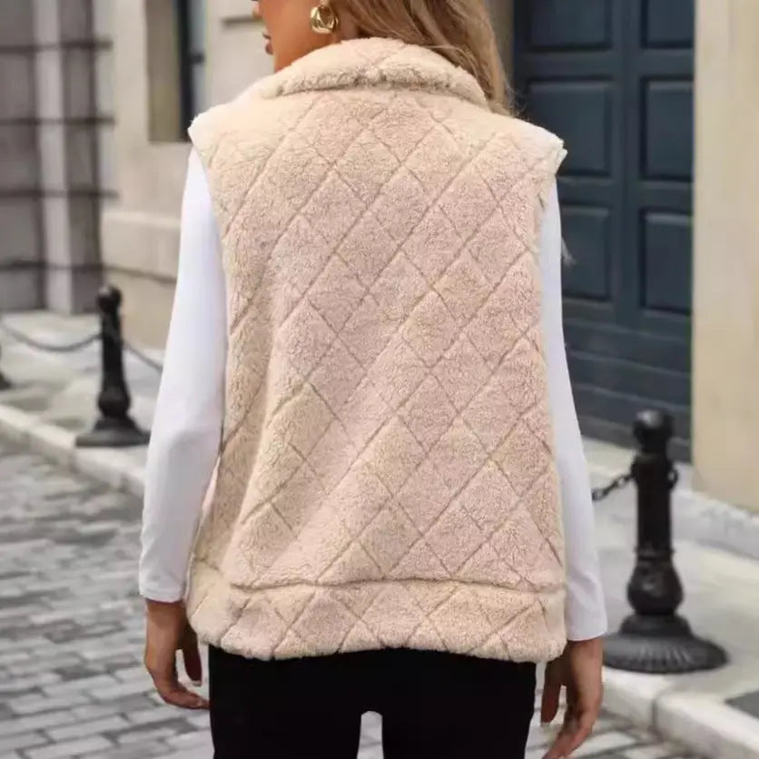 Women Clothing Autumn Winter Cardigan Zipper Loose Diamond Lattice Coat Plush Vest Perfecsy
